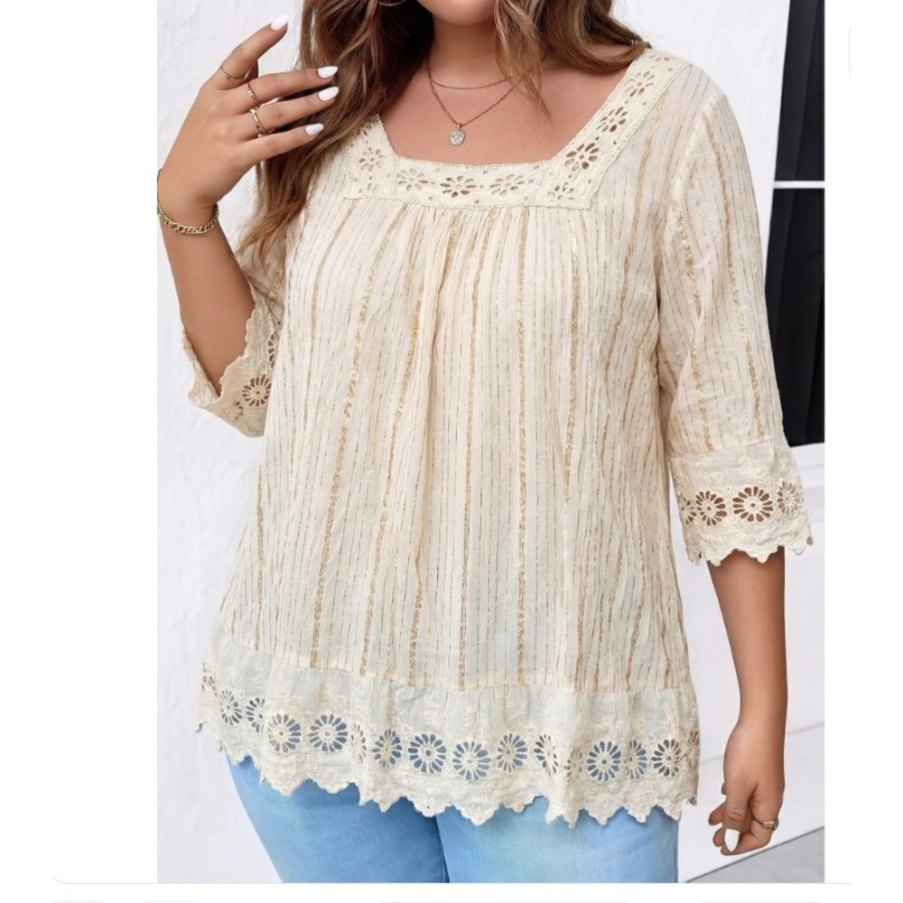 Boho Lace-Trim Cream Tunic Top